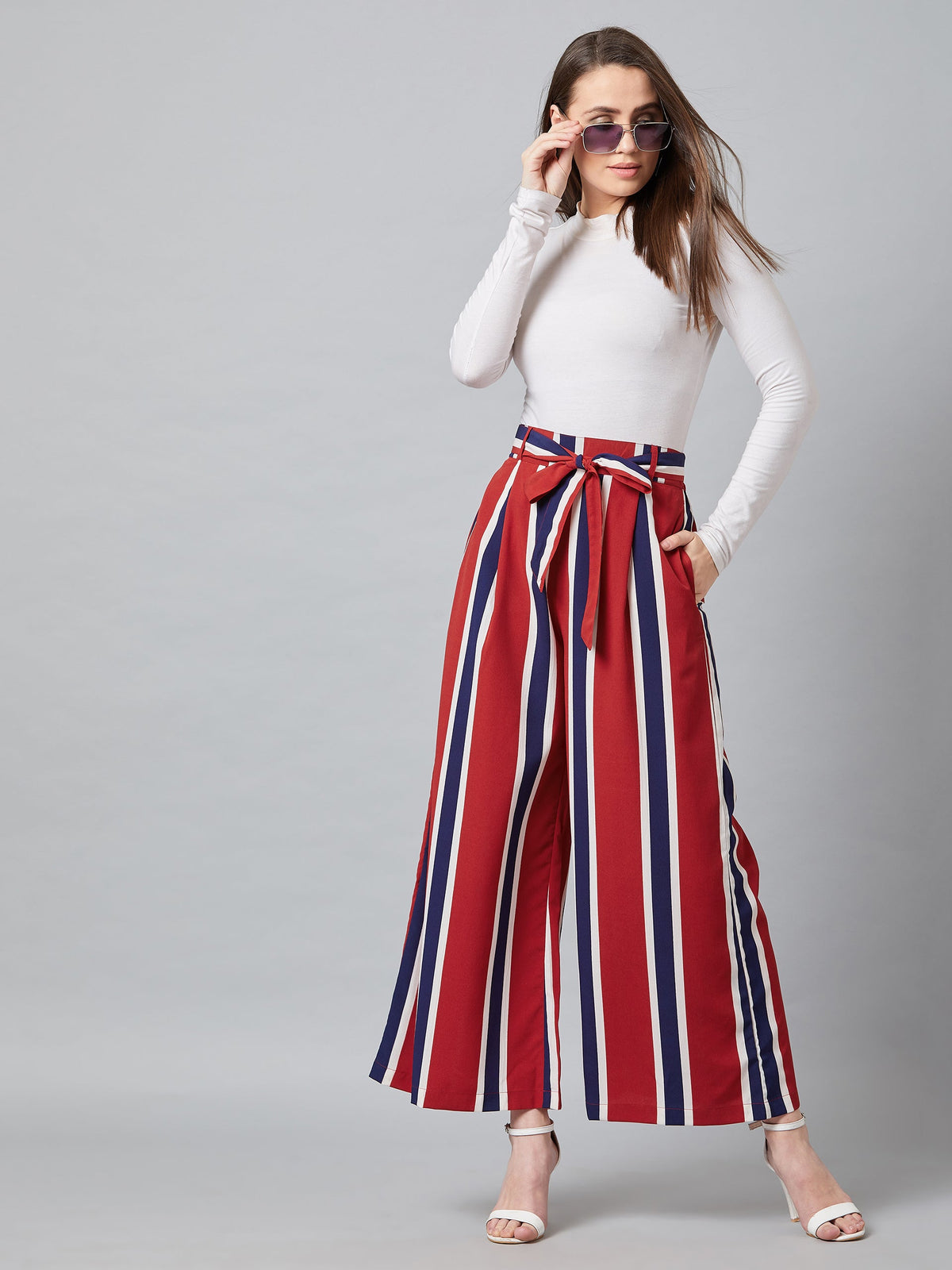 PANIT Women Red & Blue Striped Flared Trouser