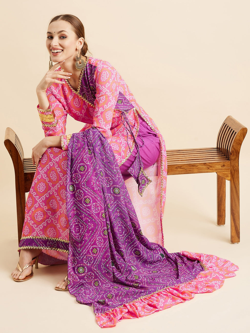 Bandhani Printed Angrakha Gotta Patti Kurta With Trousers  Dupatta