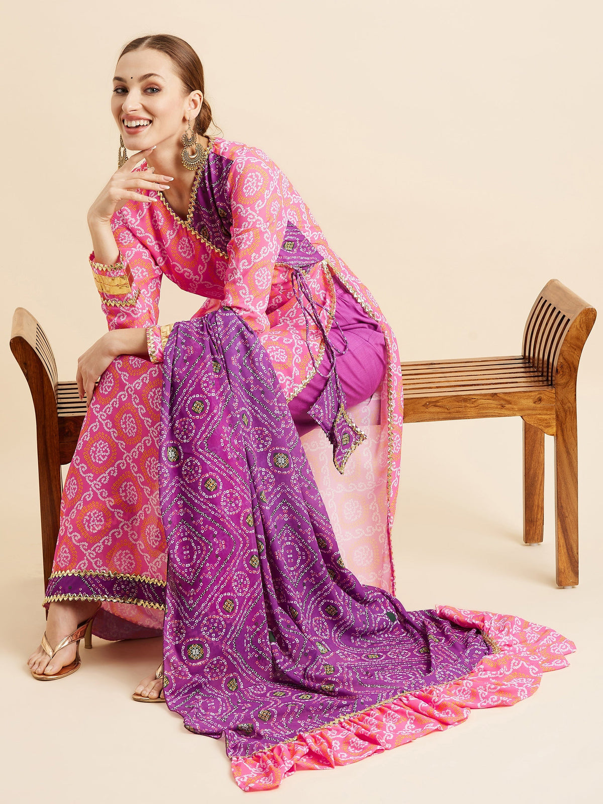 Bandhani Printed Angrakha Gotta Patti Kurta With Trousers  Dupatta