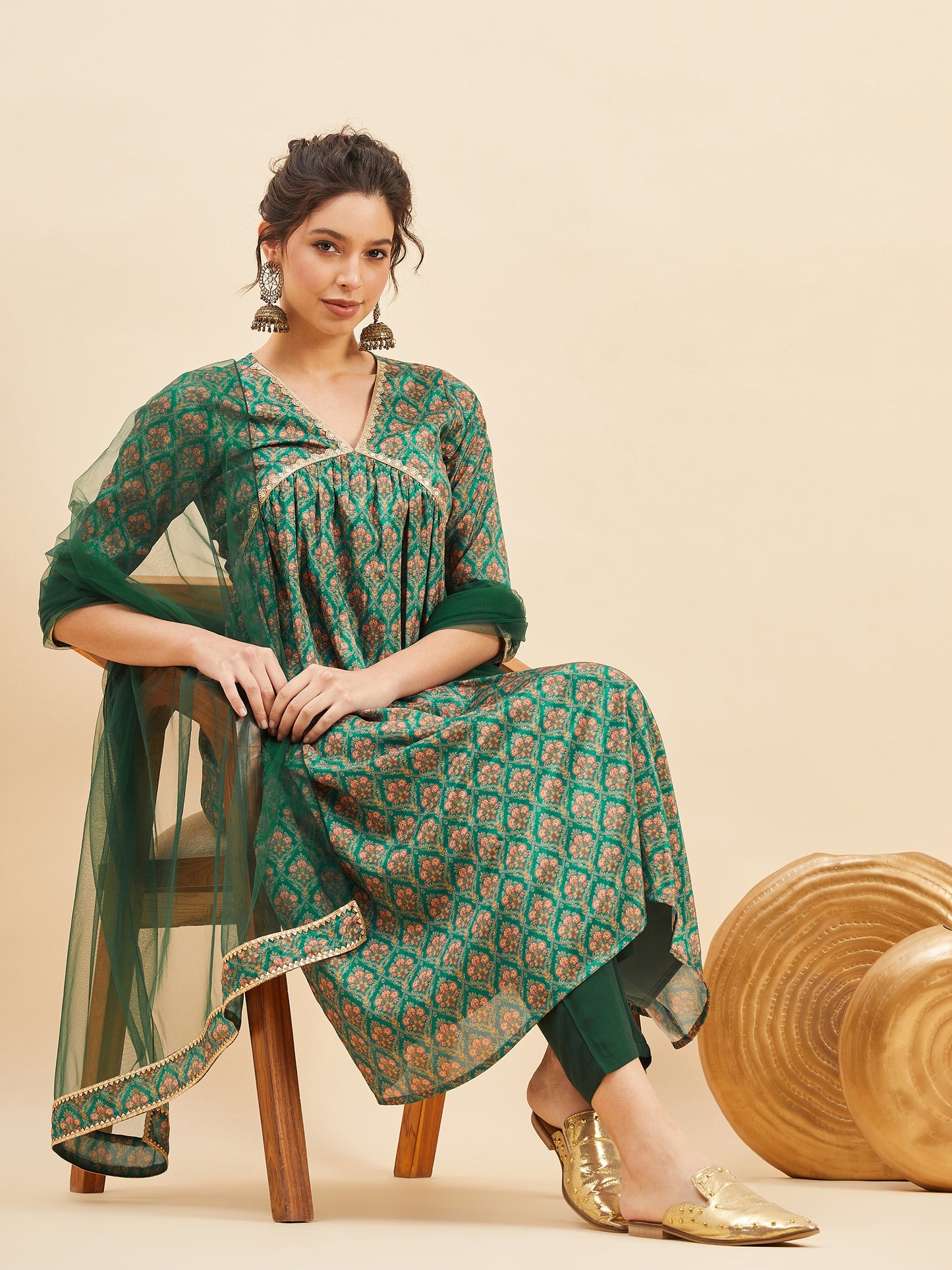 Ethnic Printed Anarkali Kurta With Trousers & Dupatta