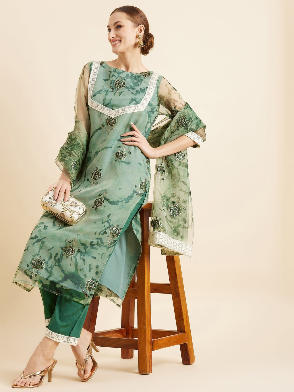 Floral Embroidered Kurta With Trousers & Dupatta