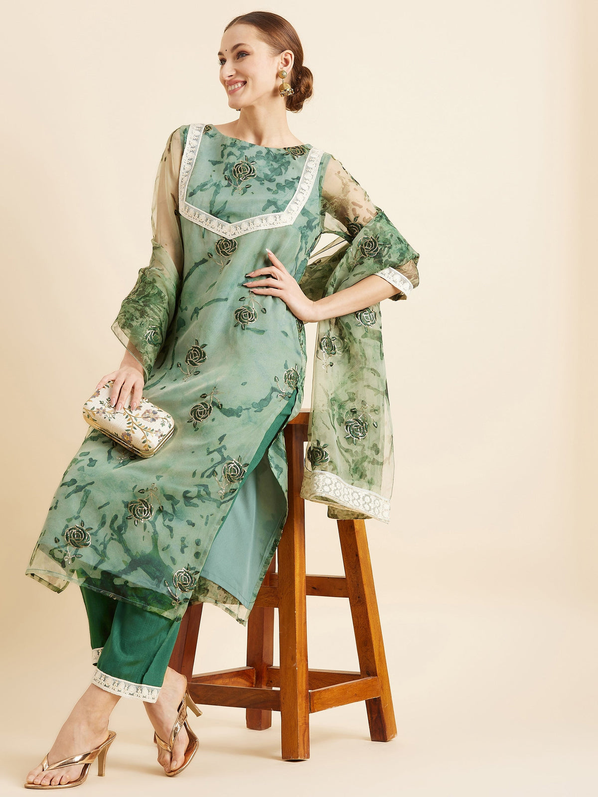 Floral Embroidered Kurta With Trousers & Dupatta