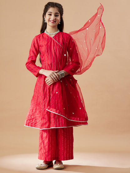 Girls Angrakha Anarkali Kurta with Palazzos & With Dupatta