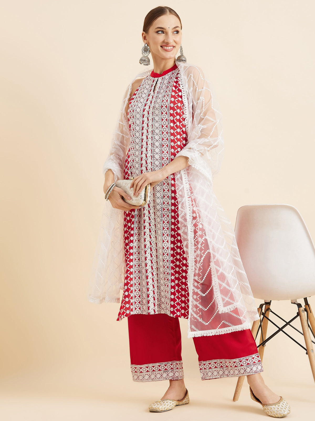 Red & White Ethnic Motifs Embroidered Thread Work Kurta With Trousers & Dupatta