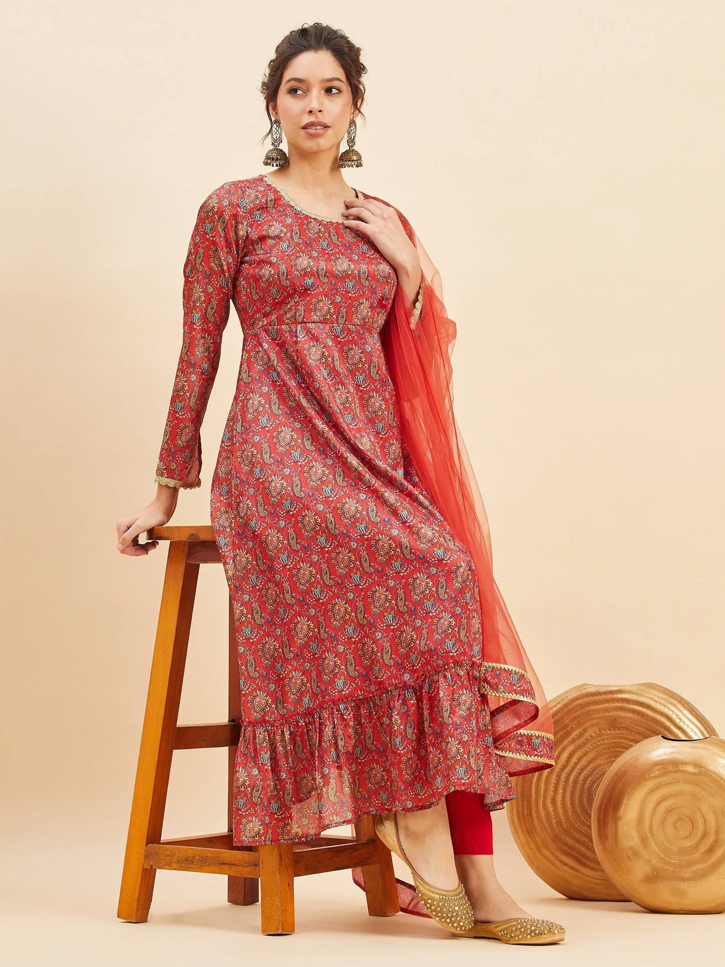 Floral Printed Empire Anarkali Kurta With Trousers & Dupatta