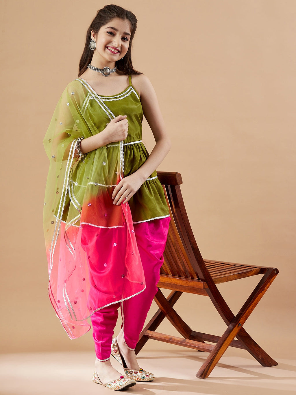 Girls Tiered Gotta Patti Kurti with Dhoti Pants & With Dupatta