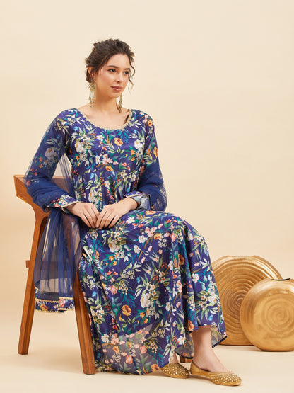 Floral Printed Pleated Anarkali Kurta With Trousers & Dupatta