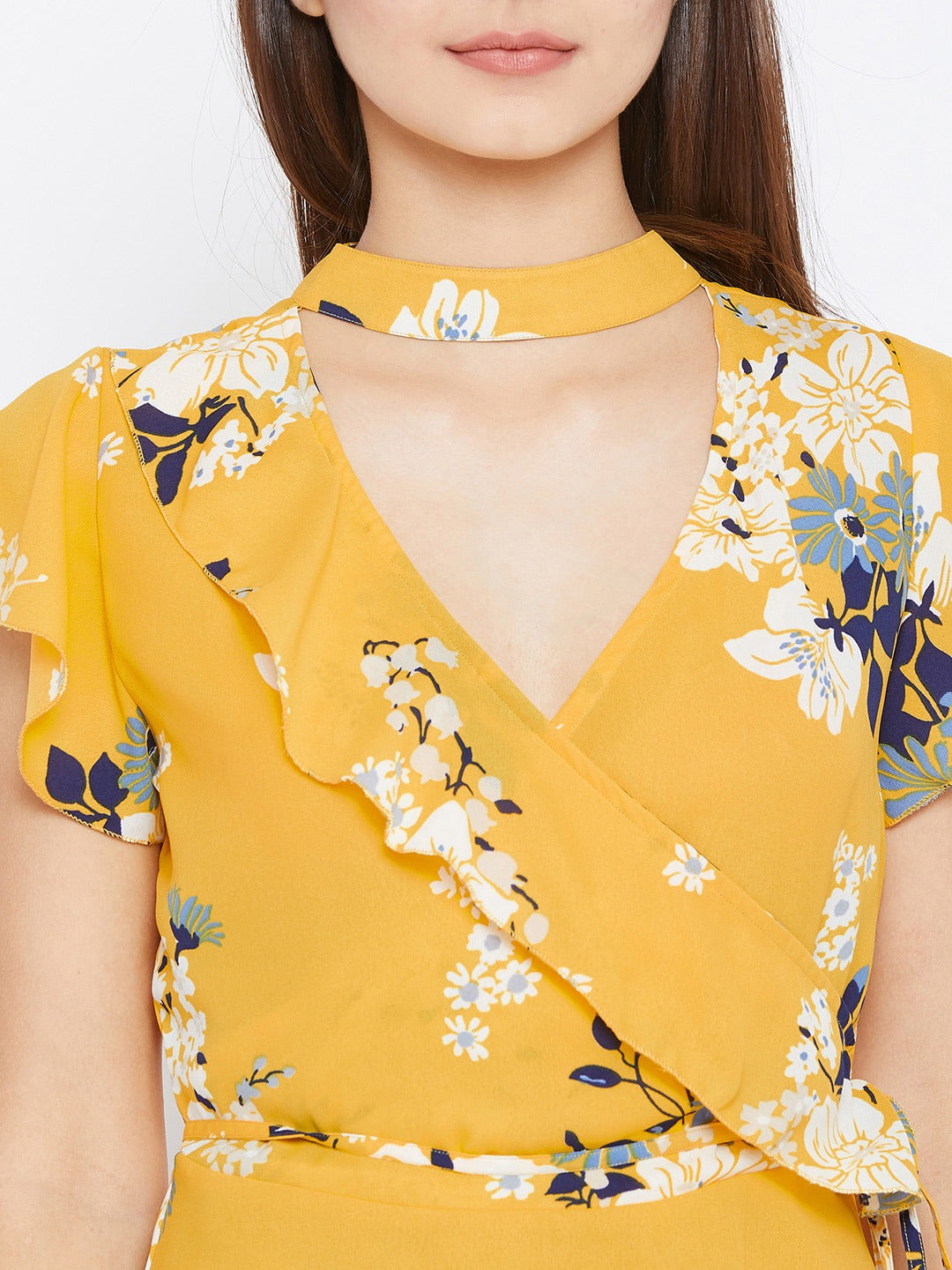 Women Yellow Floral Printed Wrap Top