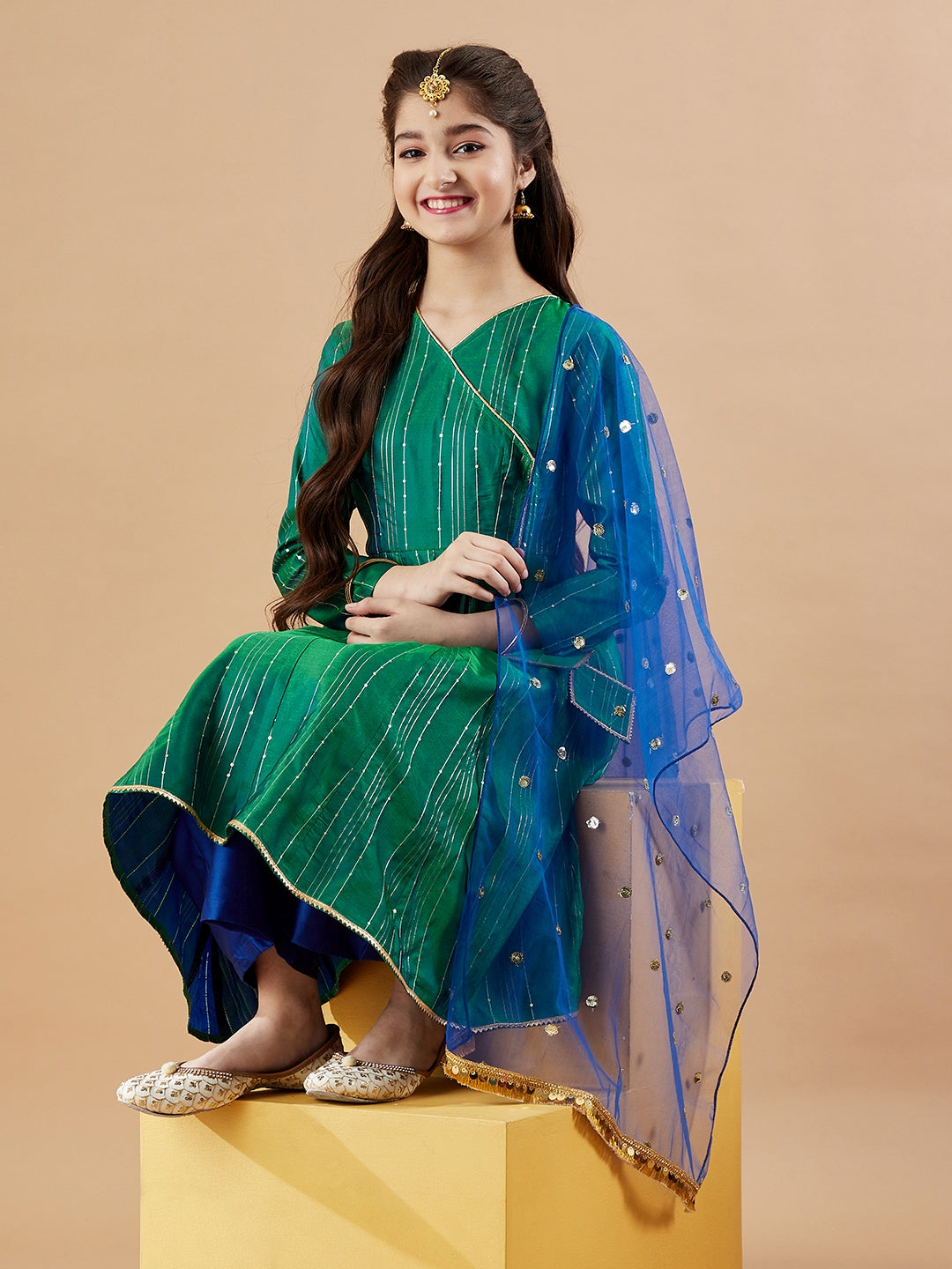 Girls Angrakha Anarkali Kurta with Palazzos & With Dupatta