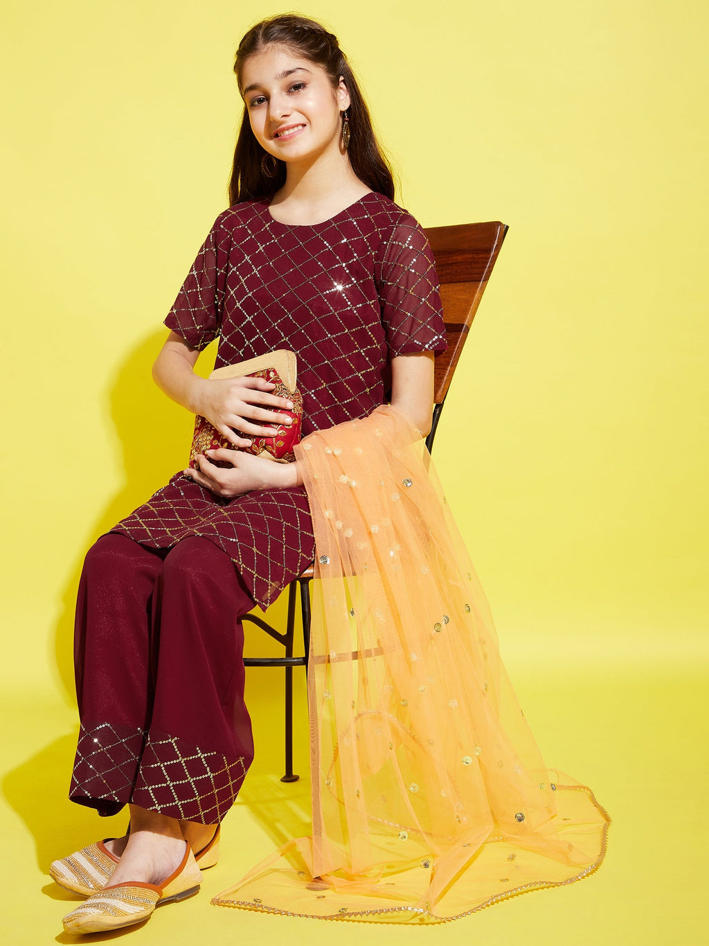 Girls Burgundy Embroidered Straight Kurta with Palazzos & With Dupatta