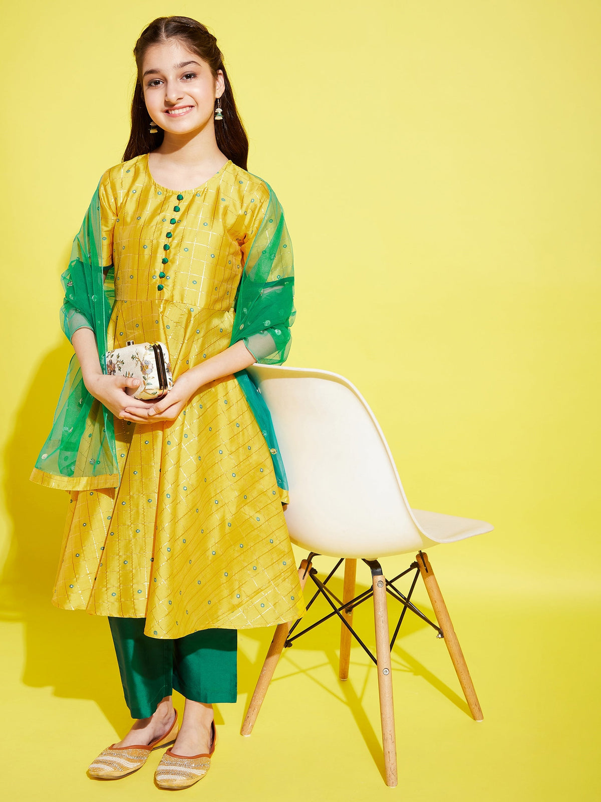 Girl Yellow Self Design Kurta with Palazzos with dupatta