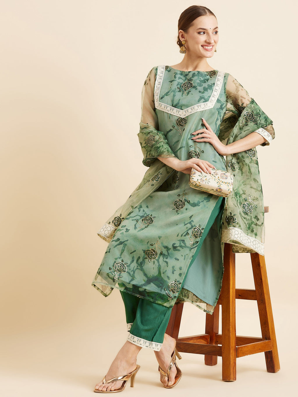 Floral Embroidered Kurta With Trousers & Dupatta