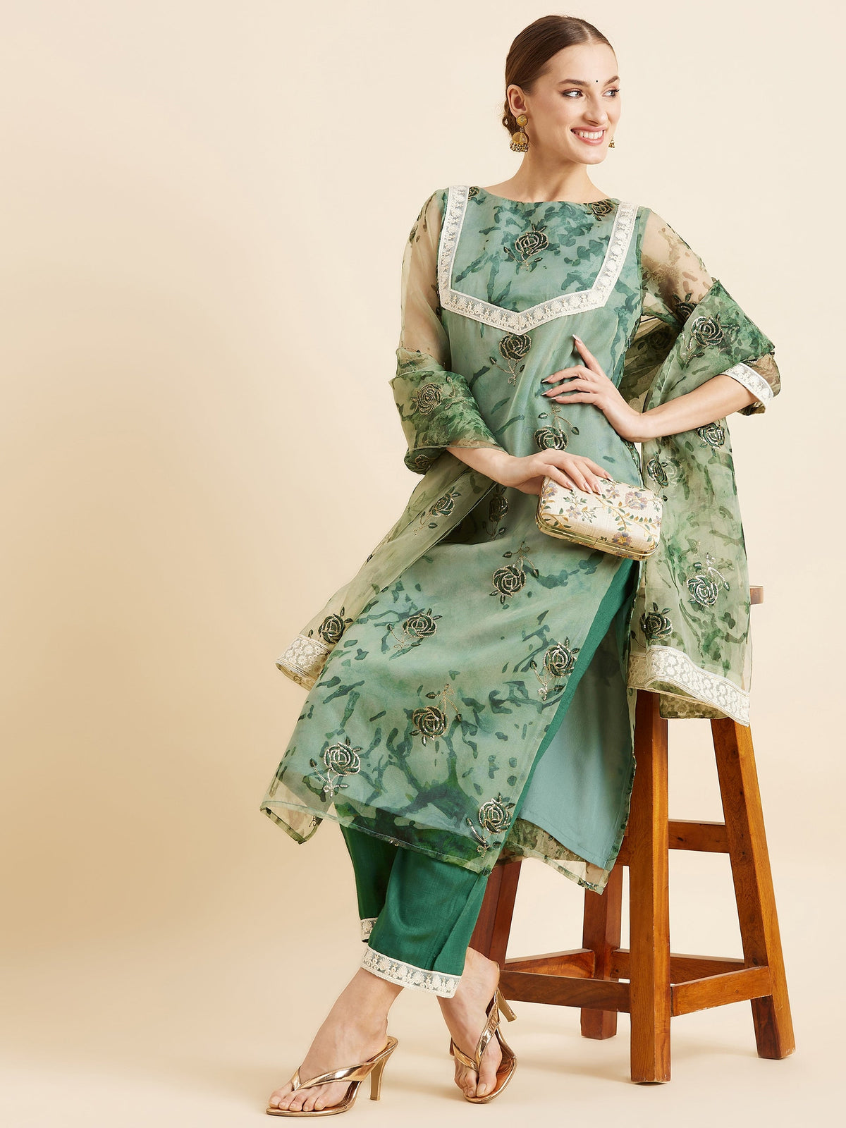 Floral Embroidered Kurta With Trousers & Dupatta