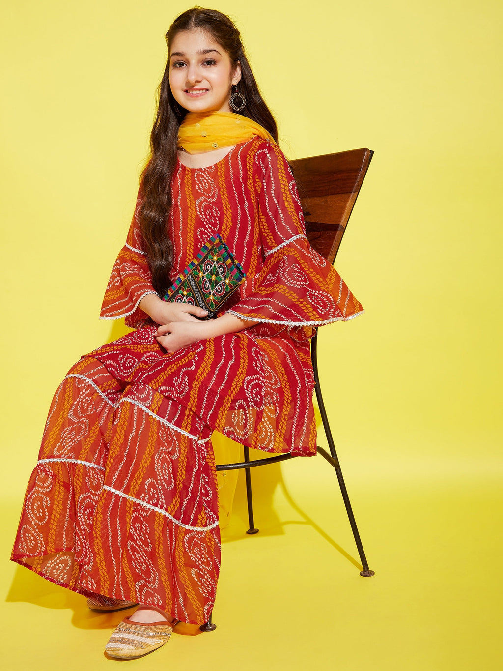 Girls Orange Bandhani Printed Empire Kurta with Sharara & Dupatta