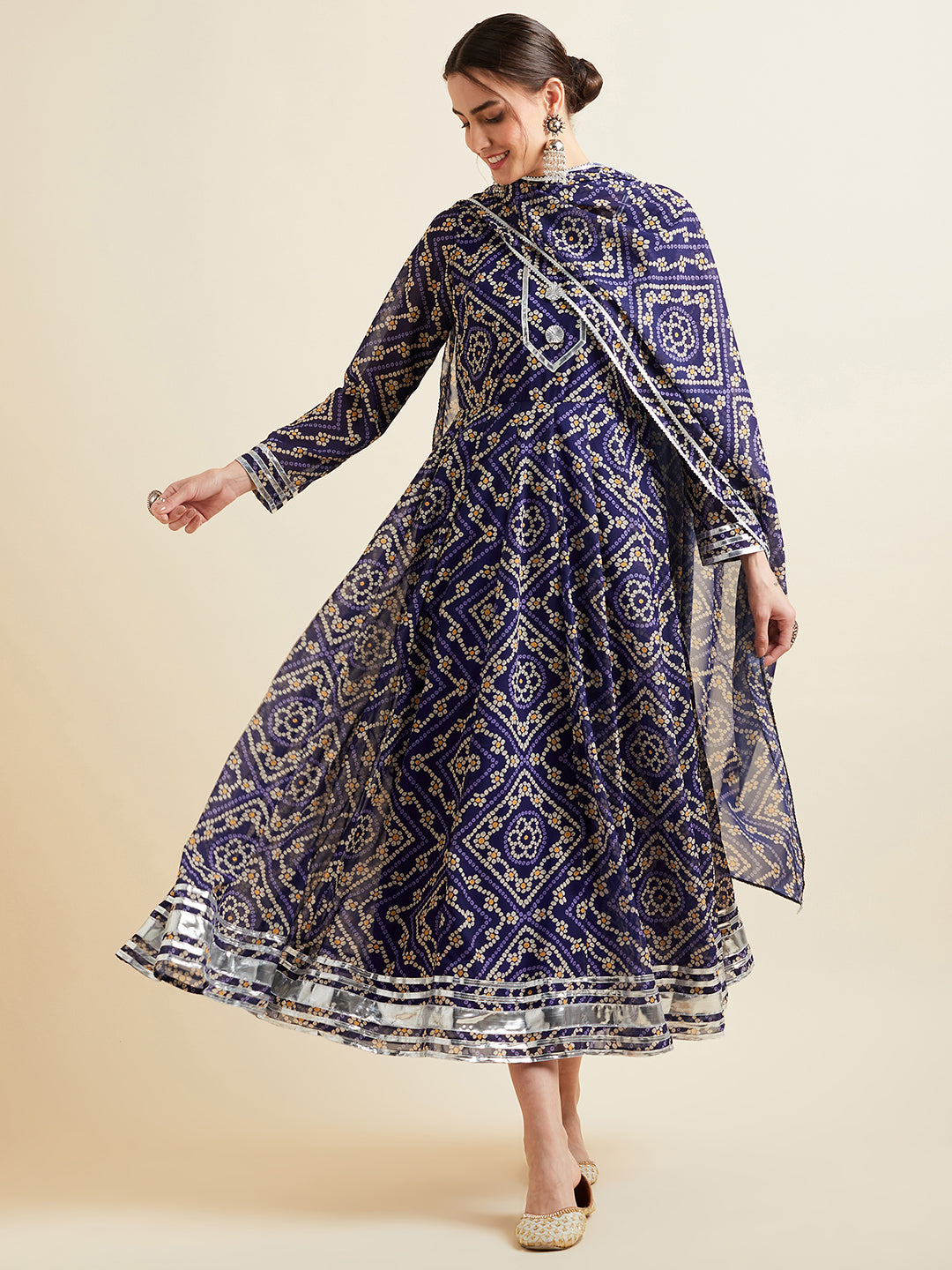 Blue Bandhani Printed Fit & Flared Maxi Ethnic Dress With Dupatta