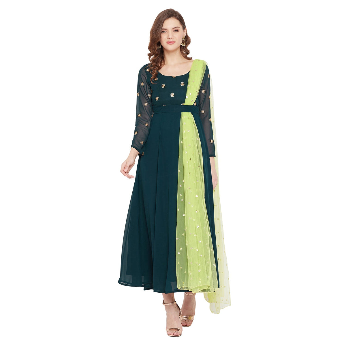 Women Green Embellished Maxi Dress With Dupatta