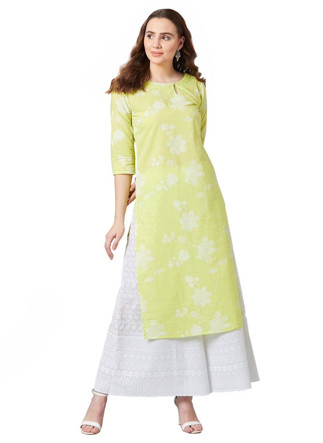 Women Lime Green Printed Straight Kurta