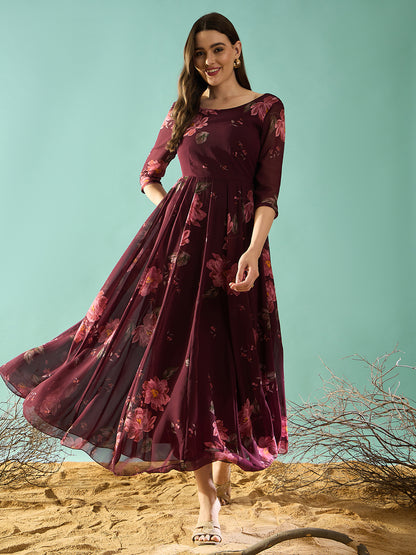 Maroon Floral Printed Fit and Flared Maxi Dress