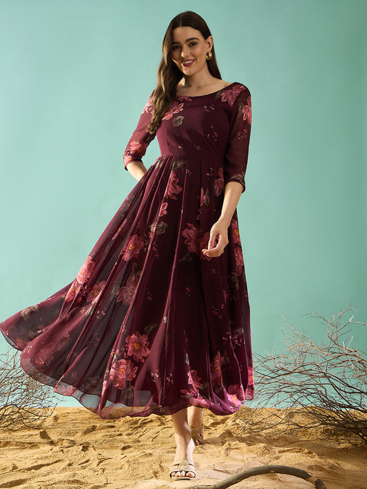 Maroon Floral Printed Fit and Flared Maxi Dress