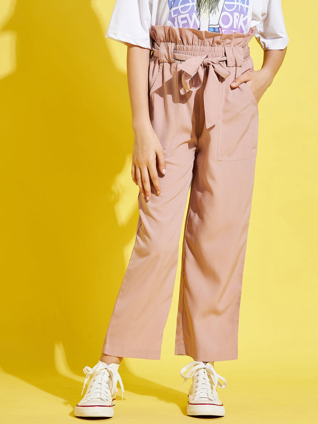 Girls Peach-Coloured Relaxed High-Rise Trousers