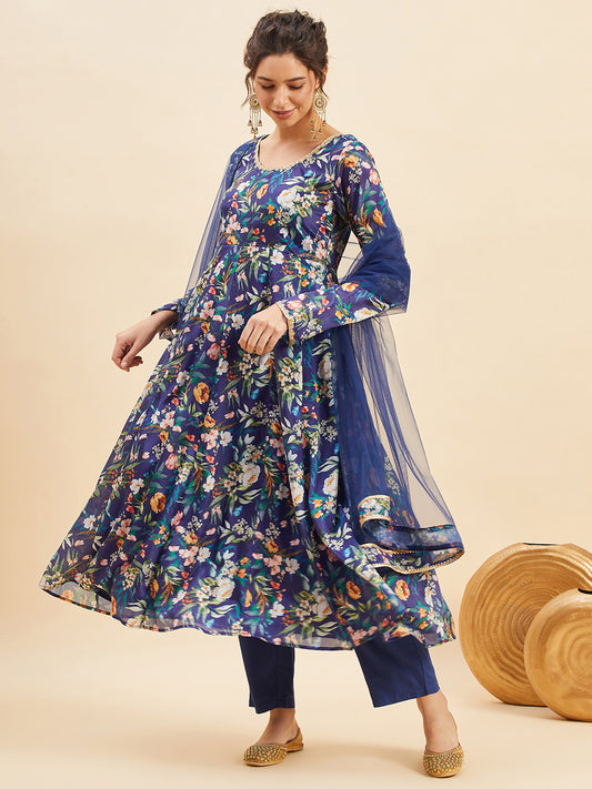 Floral Printed Pleated Anarkali Kurta With Trousers & Dupatta