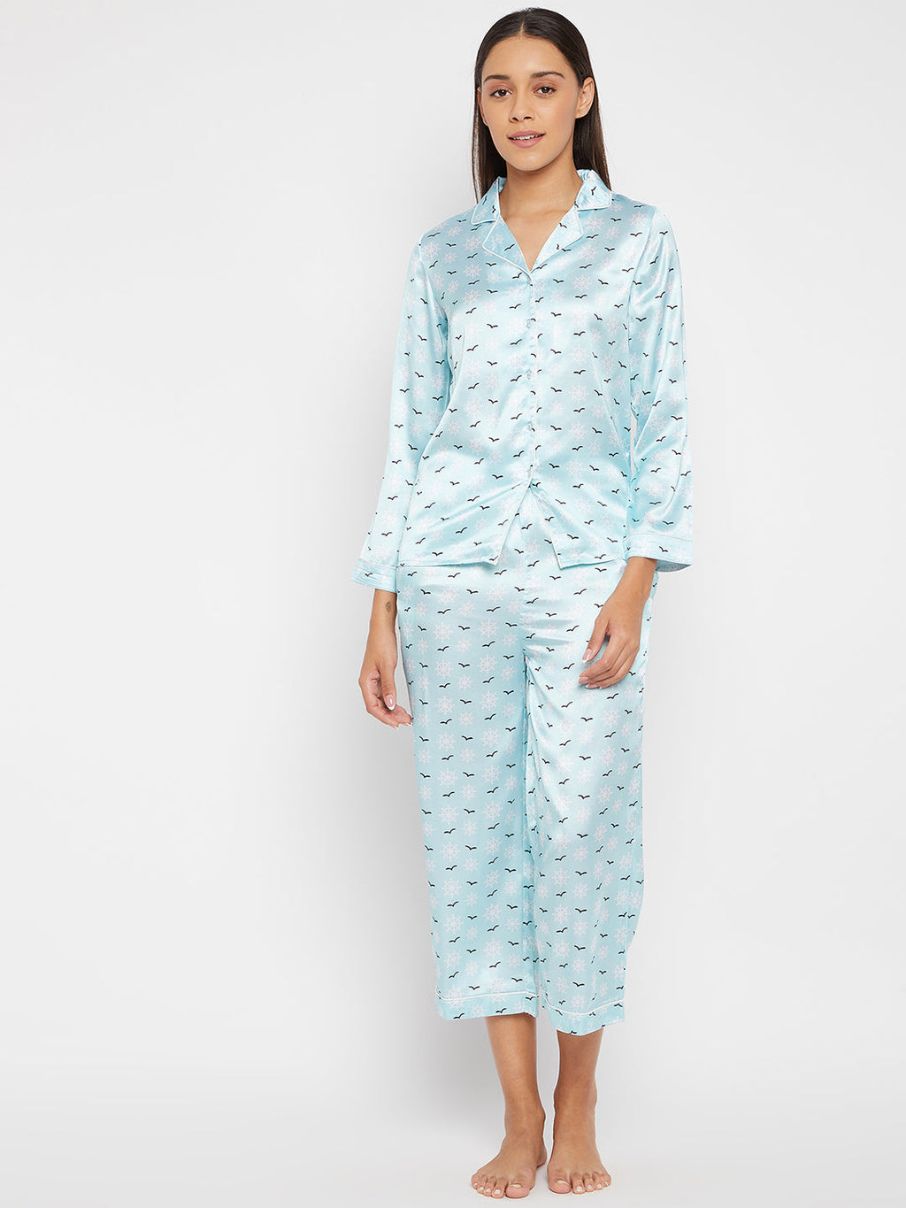 Women Blue & White Printed Night suit