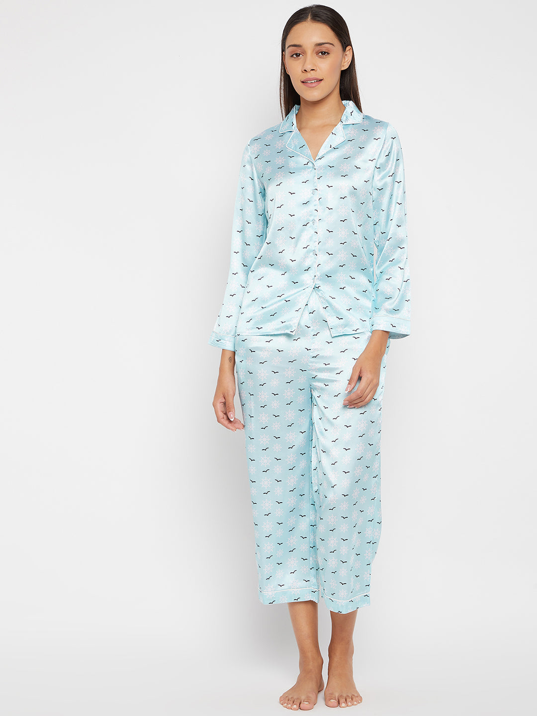 Women Blue & White Printed Night suit