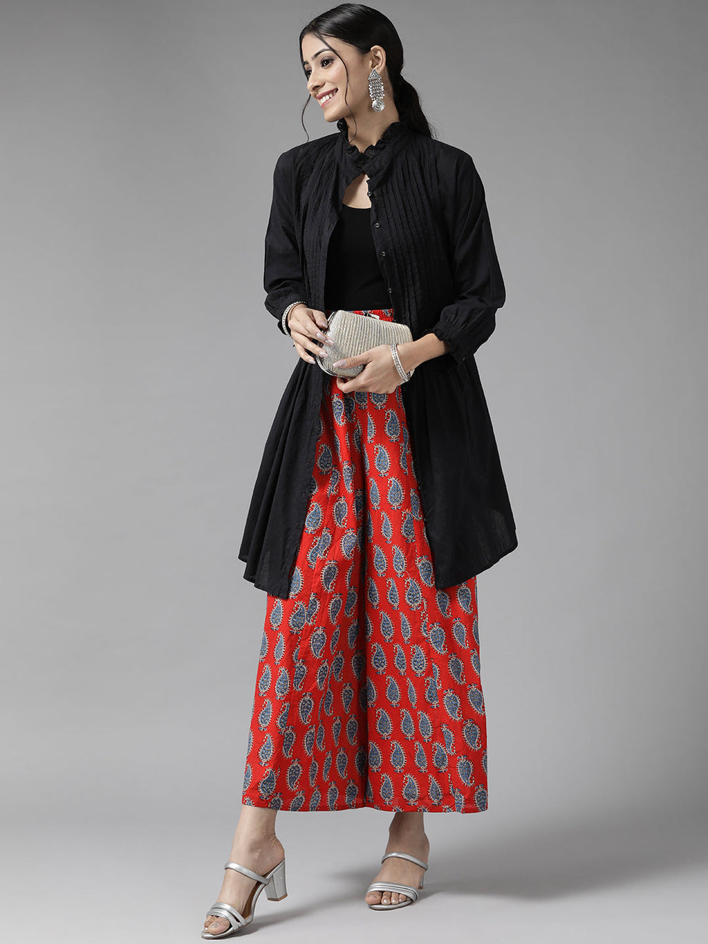 Women Red & Blue Paisley Printed Cotton Palazzos