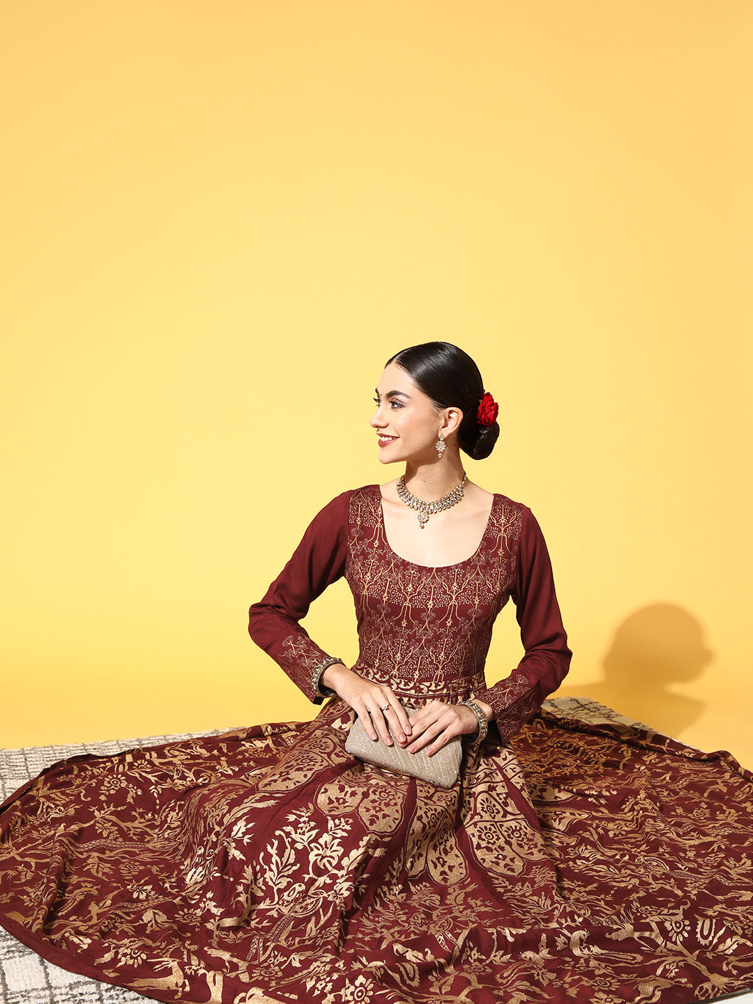 PANIT Maroon Ethnic Motifs Swirling Volume Dress