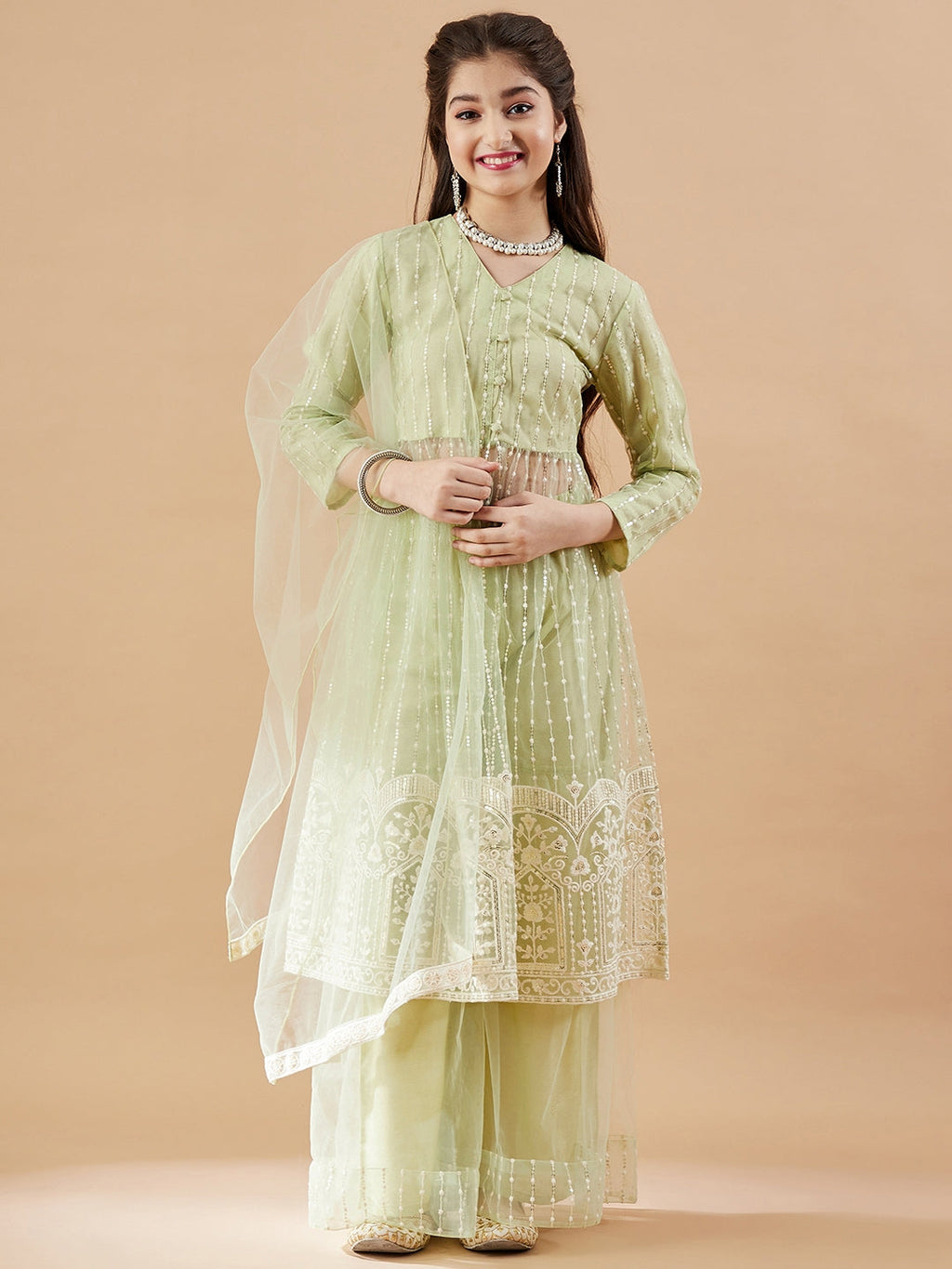Girls Embroidered Net Empire Kurta with Sharara & With Dupatta