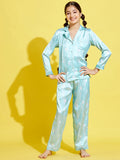 Cherry Jerry Girls Turquoise Blue White Printed Night suit