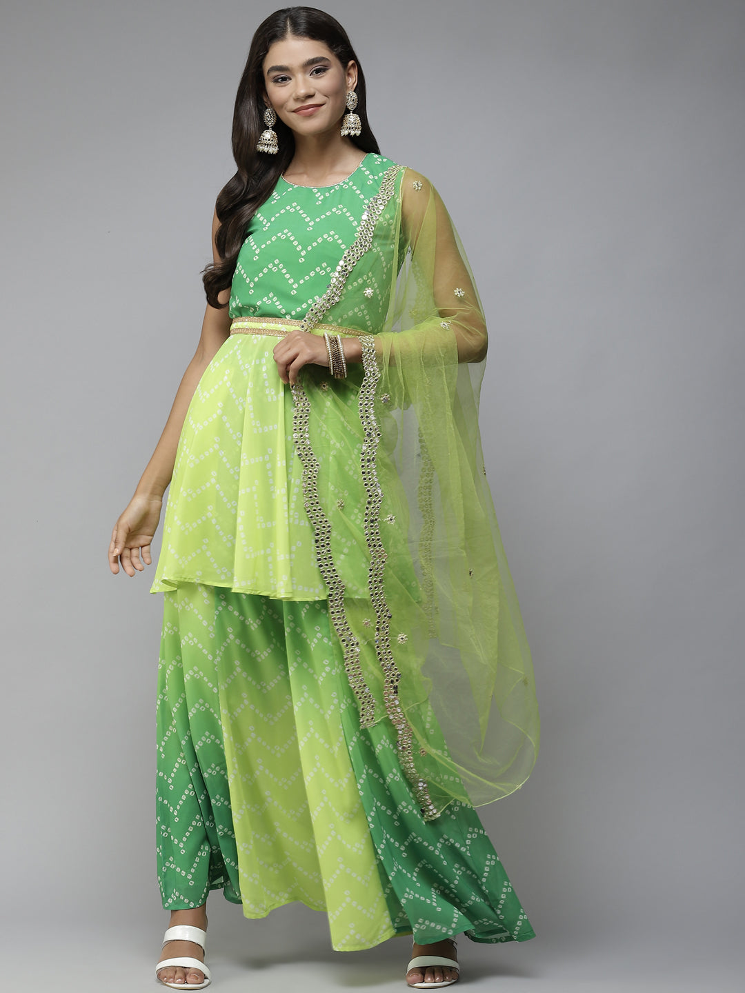 PANIT Green Bandhani Printed Zardozi Kurta with Sharara & With Dupatta