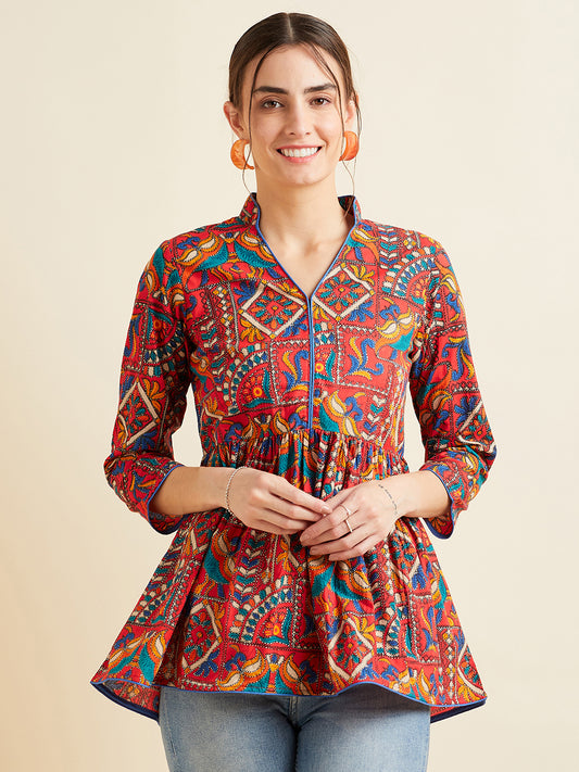 Red Ethnic Motifs Printed Pure Cotton A-line Kurti