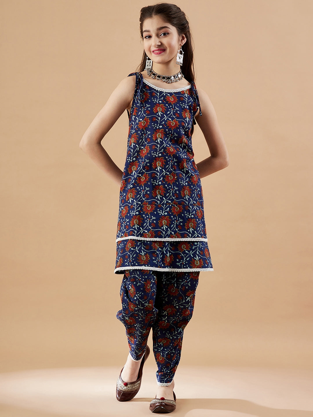Girls Floral Printed Kurti with Dhoti Pants