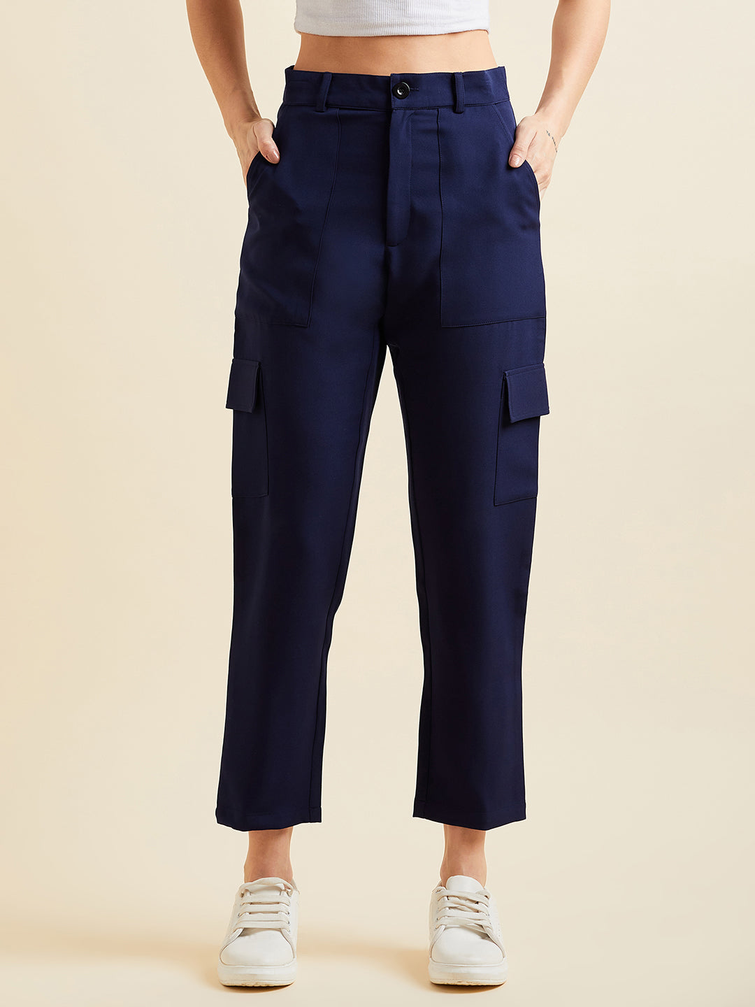 Navy Blue Smart Slim Fit Wrinkle Free Cigarette Trousers