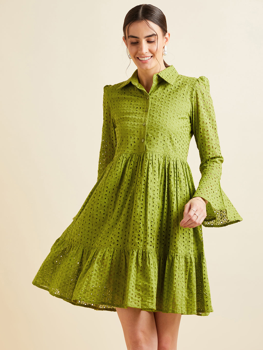 Women Green Shirt Collar Bell Sleeve Ruffled Schiffli Cotton A-line Dress