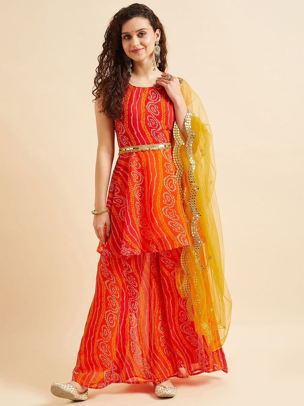 PANIT Orange Bandhani Printed Sequinned Kurta with Sharara & With Dupatta