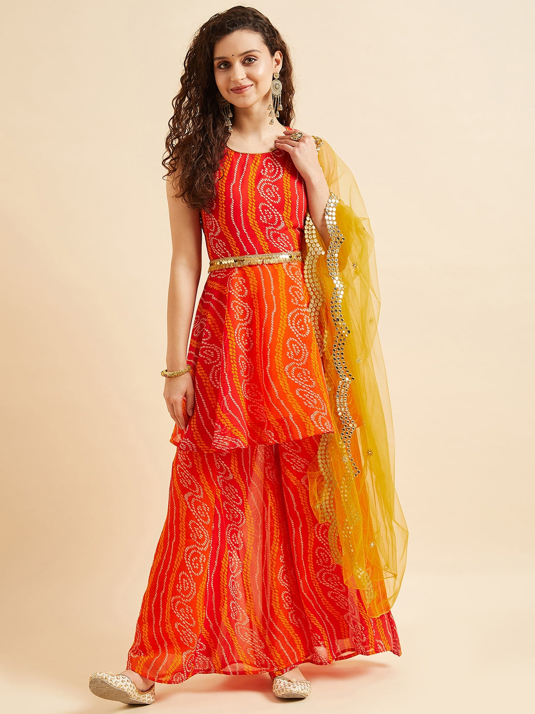 PANIT Orange Bandhani Printed Sequinned Kurta with Sharara & With Dupatta