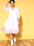 PANIT White  Pink Floral Printed Georgette A-Line Midi Dress