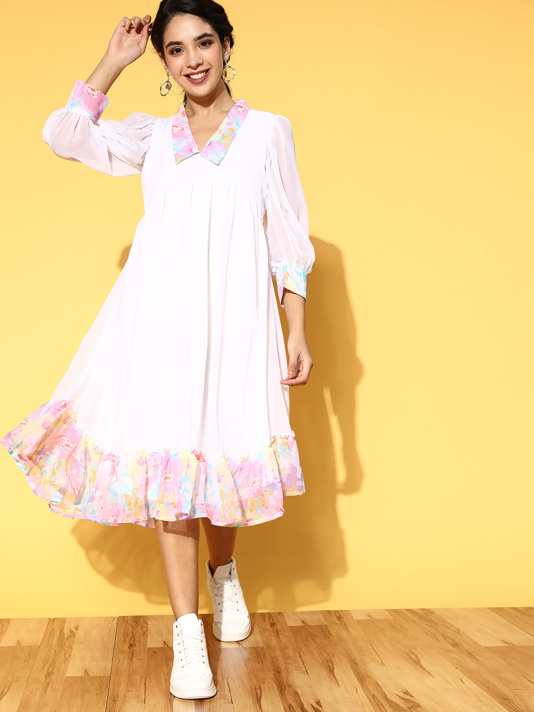 PANIT White  Pink Floral Printed Georgette A-Line Midi Dress