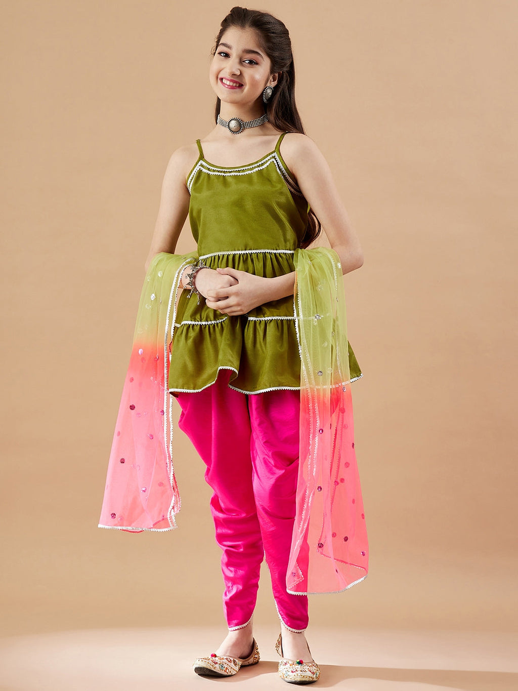 Girls Tiered Gotta Patti Kurti with Dhoti Pants & With Dupatta