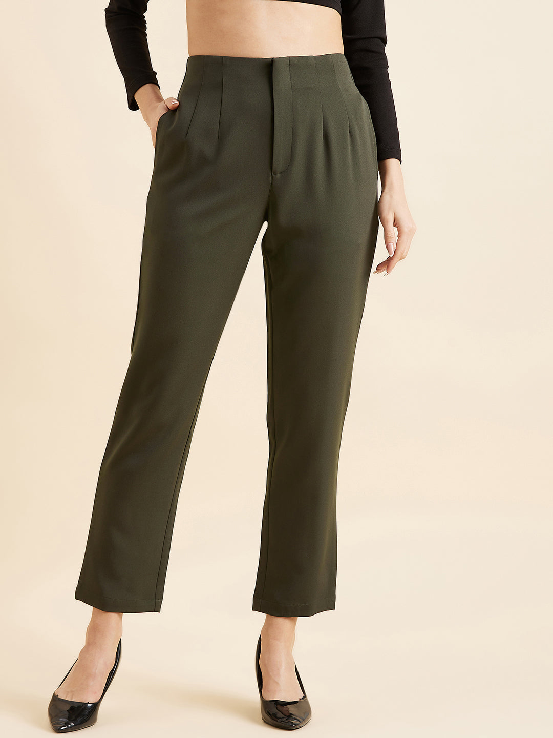 Olive Green Smart Straight Fit High-Rise Pleated Trousers