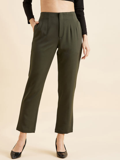 Olive Green Smart Straight Fit High-Rise Pleated Trousers