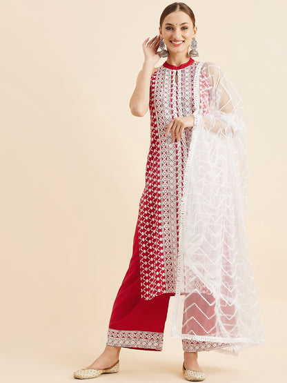 Red & White Ethnic Motifs Embroidered Thread Work Kurta With Trousers & Dupatta