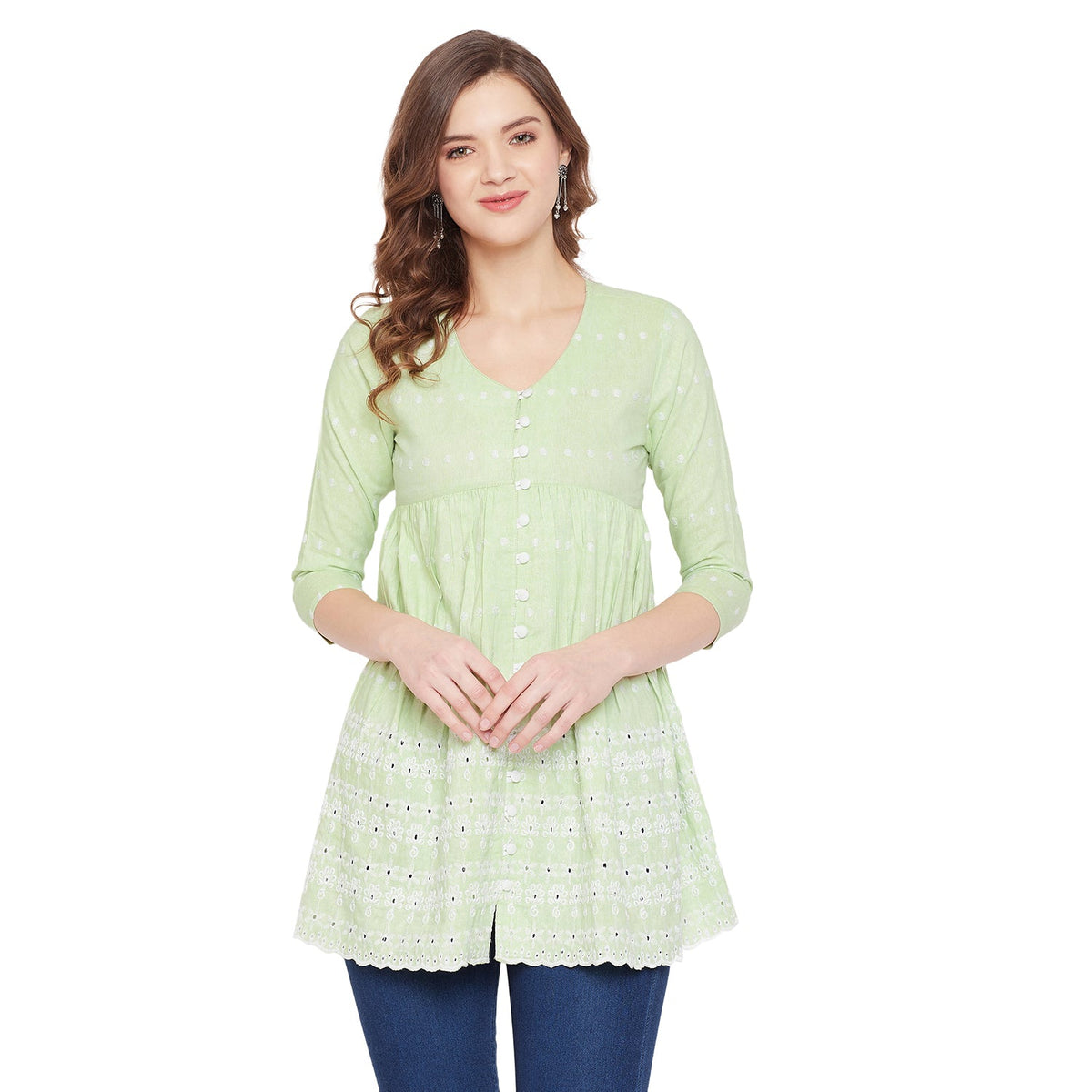 Women Lime Green Schiffli A-Line Flared Top