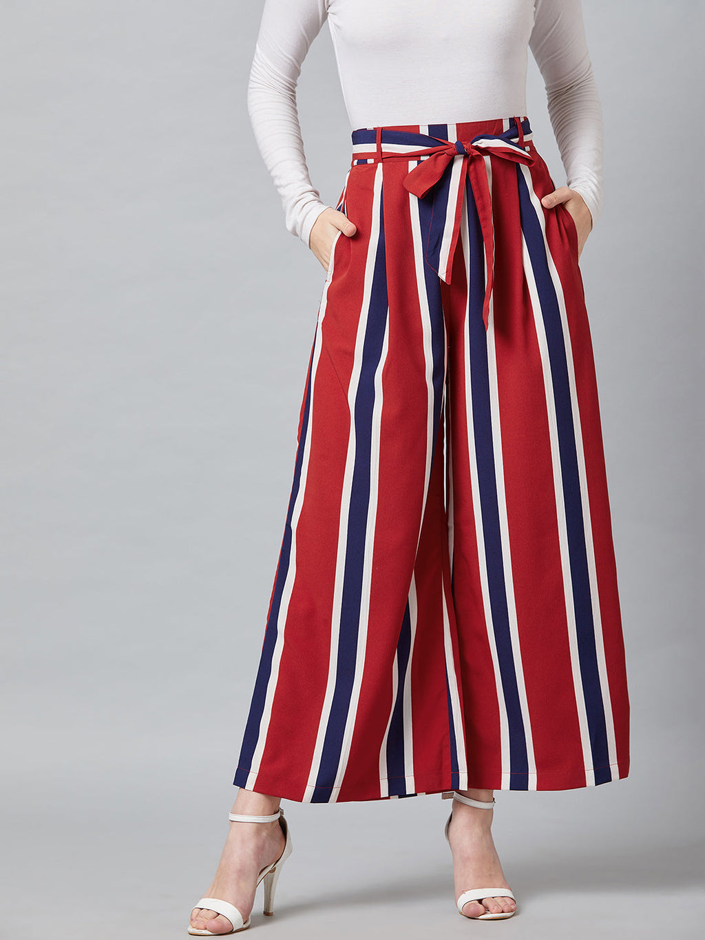 PANIT Women Red & Blue Striped Flared Trouser