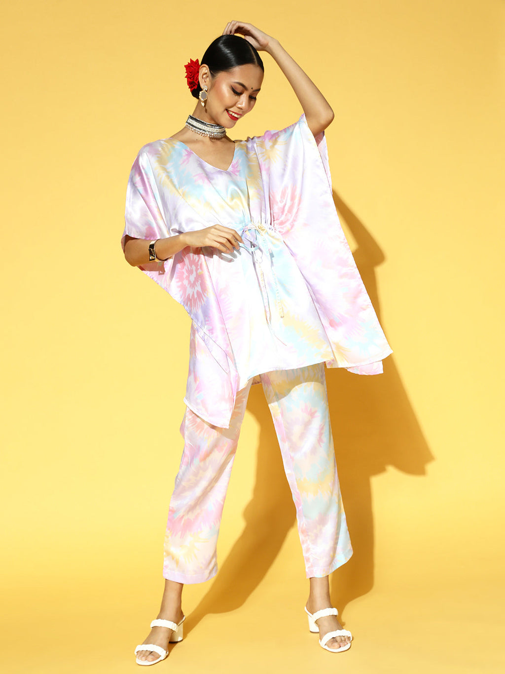 Women White & Pink Leheriya Printed Kaftan Kurta with Trousers