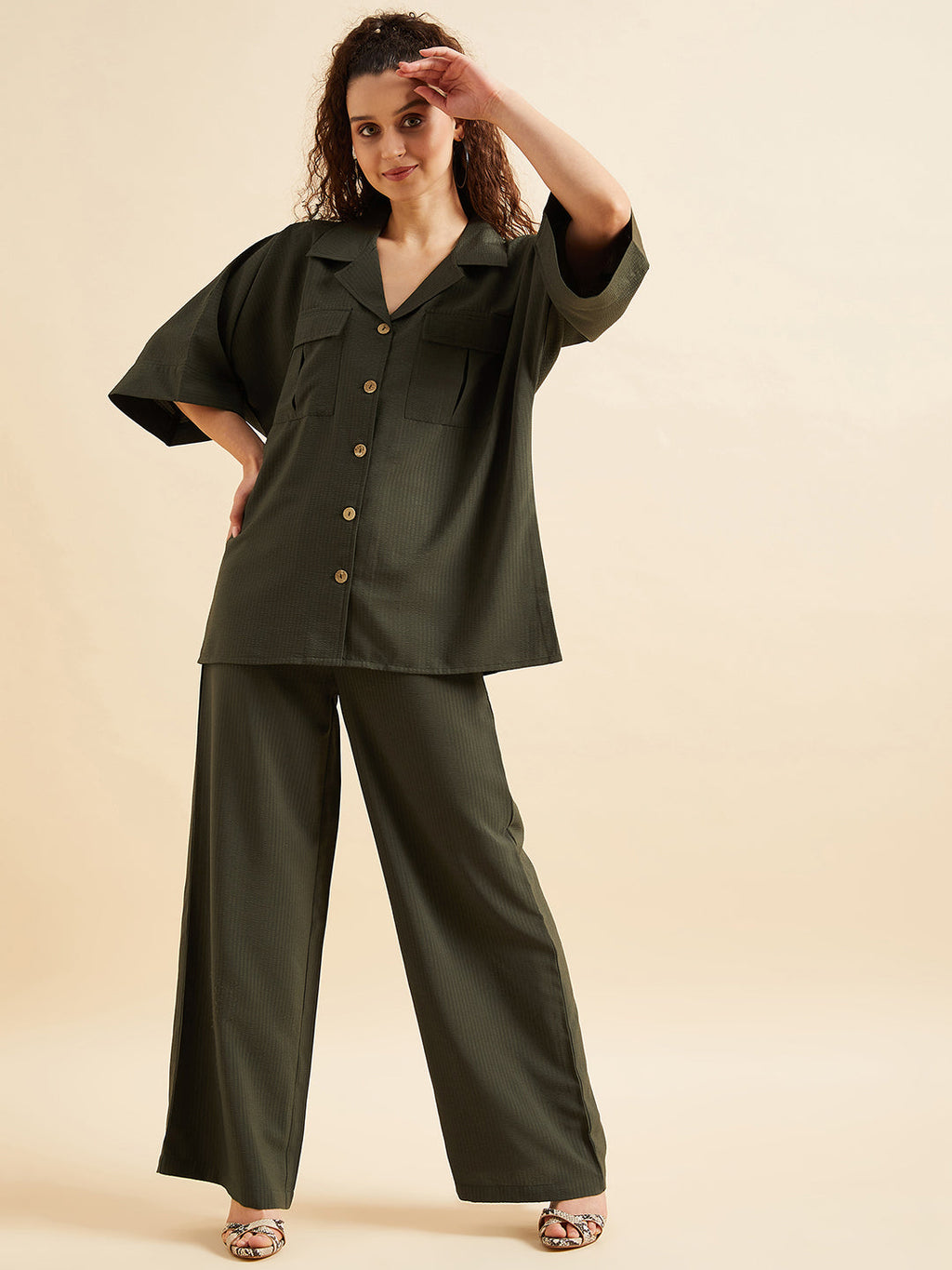 Self Design Oversized Loose Fit Shirt With Trouser Co-Ords