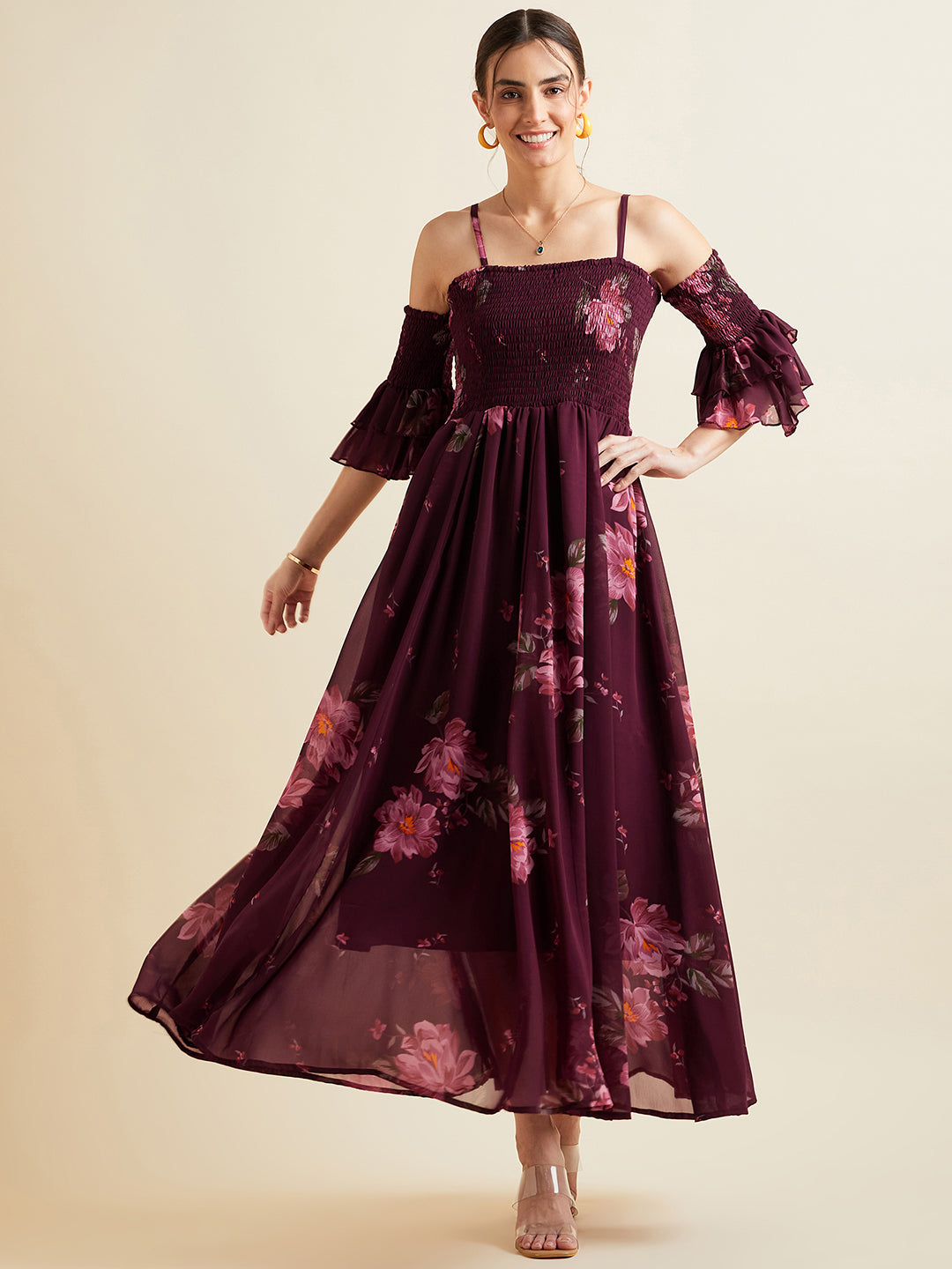 Burgundy & Pink Floral Printed Shoulder Straps Smocked Georgette Maxi Dress