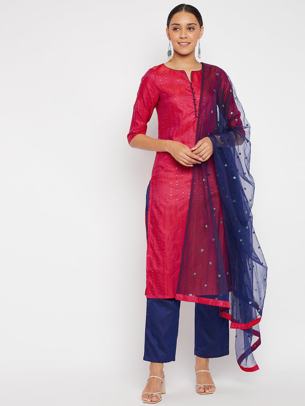 Women Magenta Blue Sequin Straight Kurta Set with Dupatta